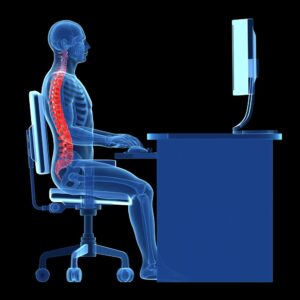 X-Ray view of straight spine while sitting at a desk set up using ergonomics principles.