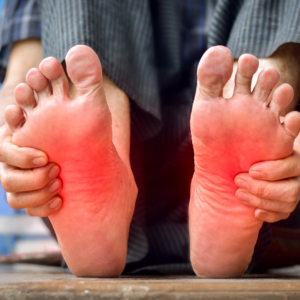 person with red hot feet due to numbness and burning