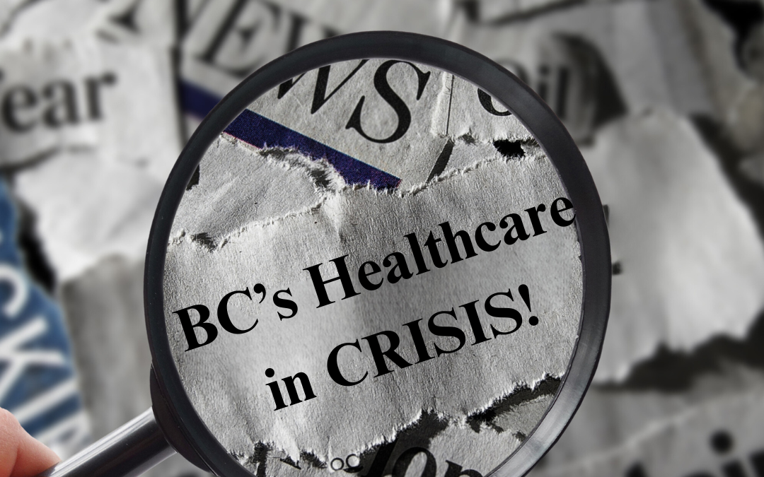 Newspaper. Magnifying glass highlighting headline that says "BC's Healthcare in CRISIS!"